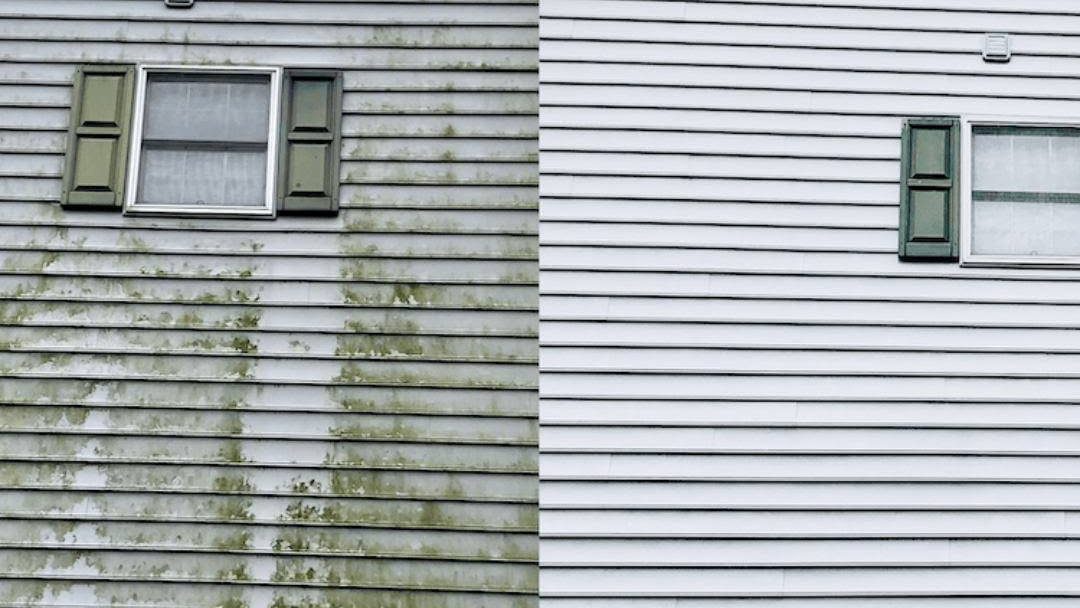 Before and after comparison of house siding cleaning, showing dirty weathered siding on left and clean white siding on right