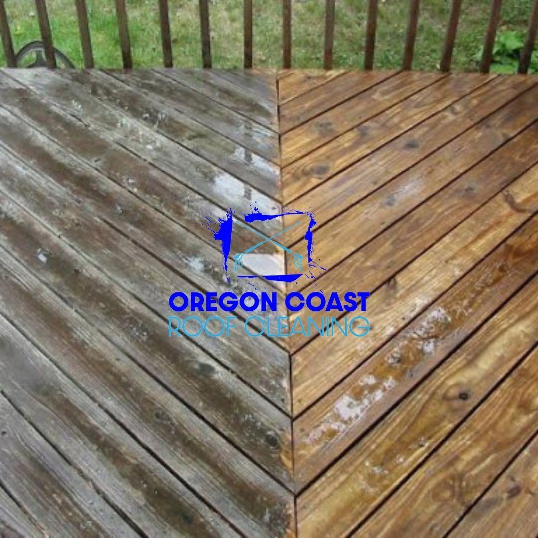 Before and after deck cleaning showing dirty weathered wood on left and restored clean wood on right