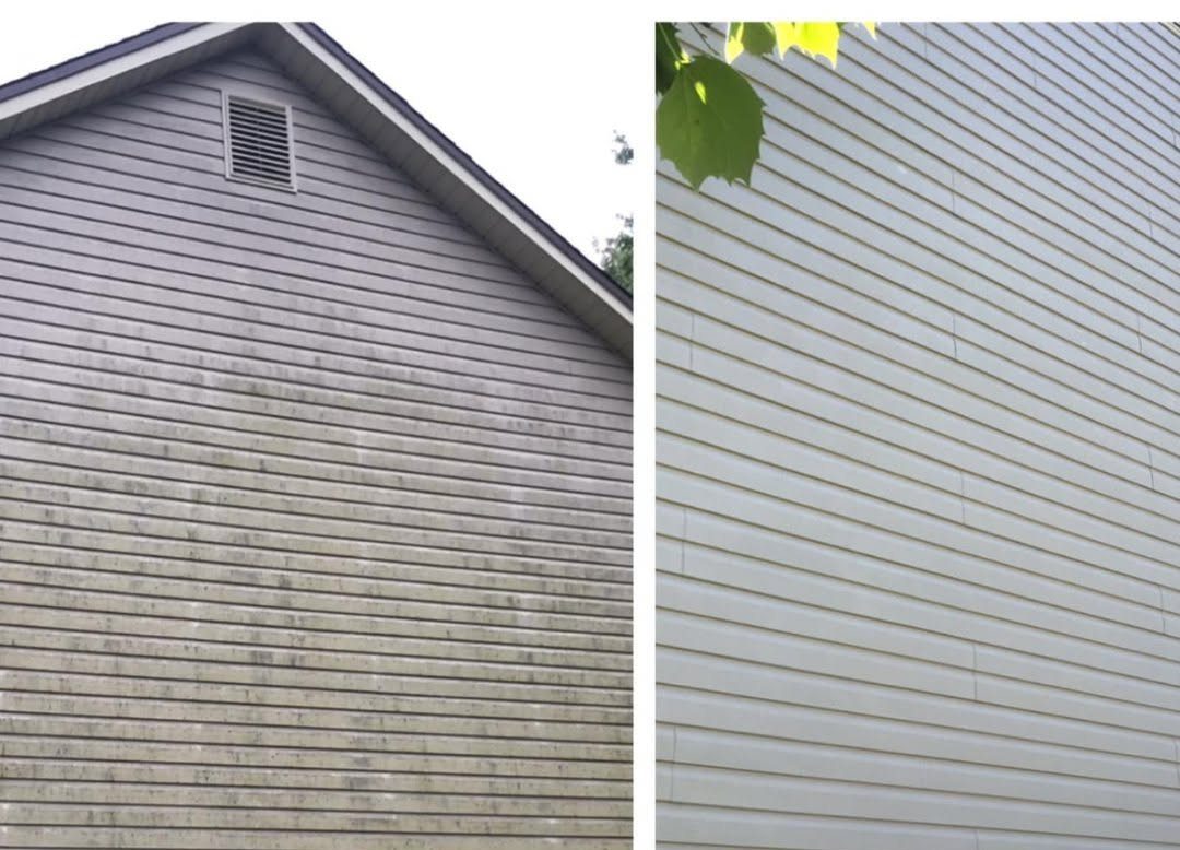 Before and after comparison of house siding cleaning results